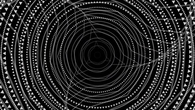 Animated Black and White Pattern with Circles. Spiral Round Tunnel. Geometric Abstract Rotating Texture in Perspective. Loop Seamless Stock Footage. 3D Graphic