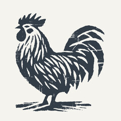 Rooster. Vintage block print style grunge effect vector illustration. Black and white.