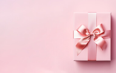 pink gift box with ribbon on minimal background copy space left. Birthday, Valentines Day, Mother's Day celebration banner.