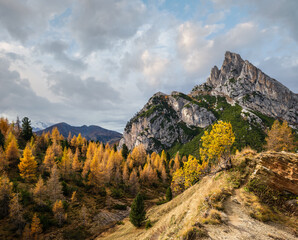 Autumn Dolomites mountain scene, Falzarego Pass, Italy