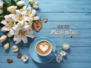 Cup of cappuccino coffee, a lily flower, a heart and the inscription Good morning on a blue wooden background. Concept - morning of newlyweds or lovers, top view, flat lay 3D Rendering design.