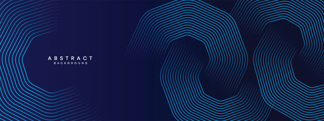Abstract Dark Navy Blue Waving circles lines Technology Background. Modern gradient with glowing lines shiny geometric shape and diagonal, for brochure, cover, poster, banner, website, header