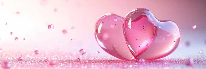 Fototapeta premium Valentine's Day background with two transparent crystal hearts. copy space 