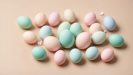 Colorful pastel easter eggs on pastel beige background