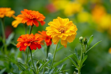Geometric Orange and Yellow Flowers with Eight and Six Petals Respectively on a Green Background