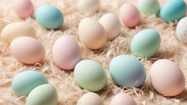 Colorful easter eggs in nest on light background, closeup