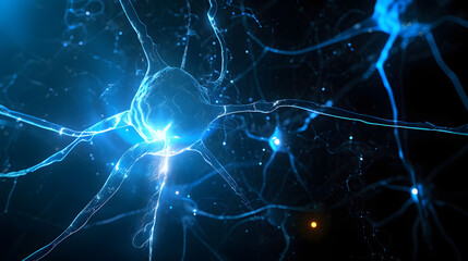 Naklejka na ściany i meble Artistic blue colored neuron cell in the brain on black abstract illustration background.
