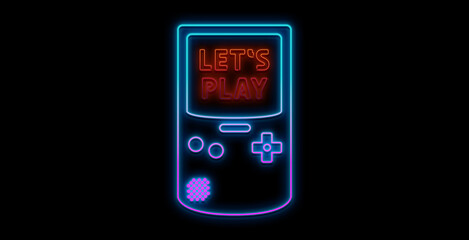 Let's Play neon sign, bright signboard, light banner. Game logo neon, emblem. Vector illustration.