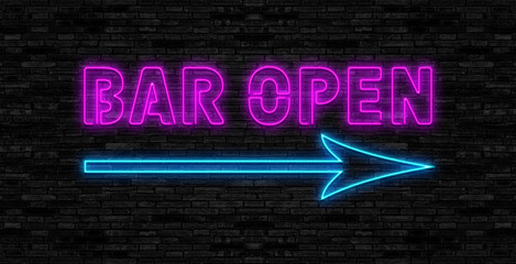 Retro neon sign with the word bar. Vintage electric arrow symbol. Burning a pointer to a black wall in a club, bar or cafe. Design element for your ad, signs, posters, banners. Vector illustration. - obrazy, fototapety, plakaty
