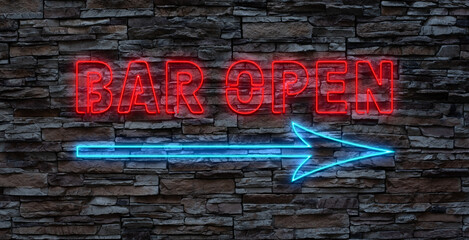Retro neon sign with the word bar. Vintage electric arrow symbol. Burning a pointer to a black wall...