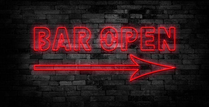 Retro neon sign with the word bar. Vintage electric arrow symbol. Burning a pointer to a black wall in a club, bar or cafe. Design element for your ad, signs, posters, banners. Vector illustration. - Powered by Adobe