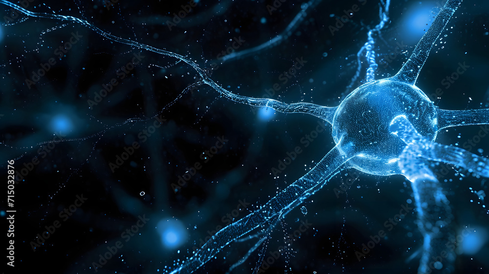 Wall mural artistic dark blue colored neuron cell in the brain on black illustration background.