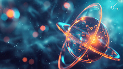 An artistic interpretation of an atom with orbiting electrons, atoms and molecules, dynamic and dramatic compositions, with copy space - obrazy, fototapety, plakaty
