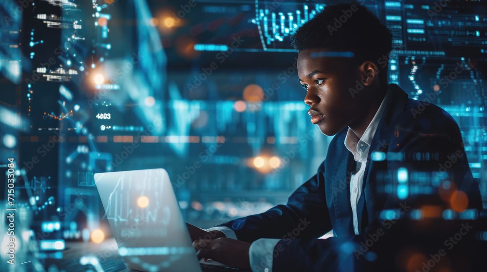 Poster man with glasses is working on a laptop in a dimly lit room with a bokeh effect of city lights in th