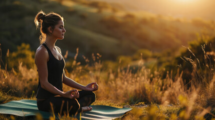 Woman is practicing yoga in a lotus pose, meditating peacefully during sunset in a serene outdoor setting.