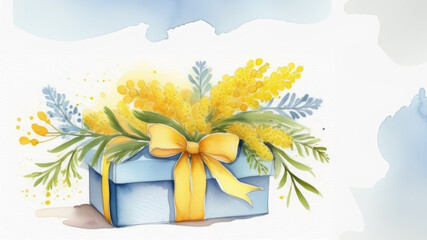 bouquet of mimosa and soft blue gift box with yellow ribbon on the left edge, space for text on the right, watercolor greeting card