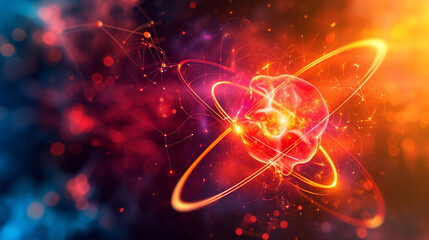 An electron cloud model of an atom with a dynamic, colorful background, atoms and molecules, dynamic and dramatic compositions, with copy space