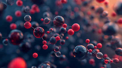 A depiction of molecules in a gas state, showing random movement, atoms and molecules, dynamic and dramatic compositions, with copy space