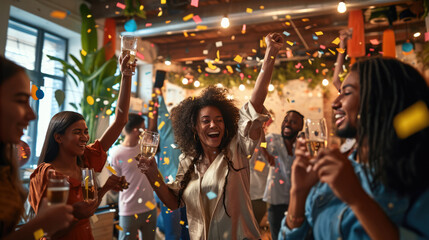 Joyful group of people are celebrating with drinks in their hands, surrounded by a festive atmosphere with confetti flying in the air.