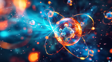 A graphic interpretation of atomic particles in motion, atoms and molecules, dynamic and dramatic compositions, with copy space - obrazy, fototapety, plakaty