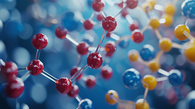 A molecular model of a complex organic compound, atoms and molecules, dynamic and dramatic compositions, with copy space
