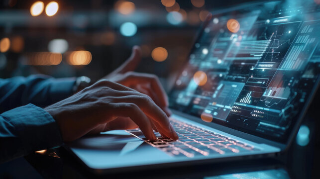 Close-up of a person's hands typing on a laptop keyboard, with the screen displaying futuristic digital data graphics