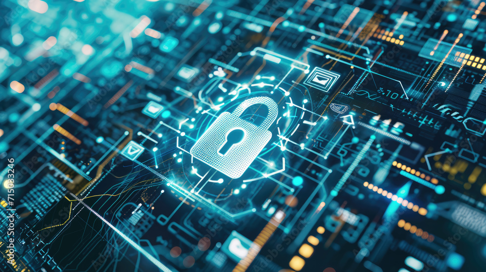Poster padlock icon within a complex interface of cyber security network lines and glowing dots, symbolizin
