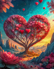 Illustration d'un arbre avec coeurs et roses rouge, Saint Valentin, mariage, sentiment d'amour et de romantisme