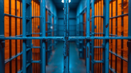 Symmetrical view of prison jail cells with iron bars and blue lighting - obrazy, fototapety, plakaty