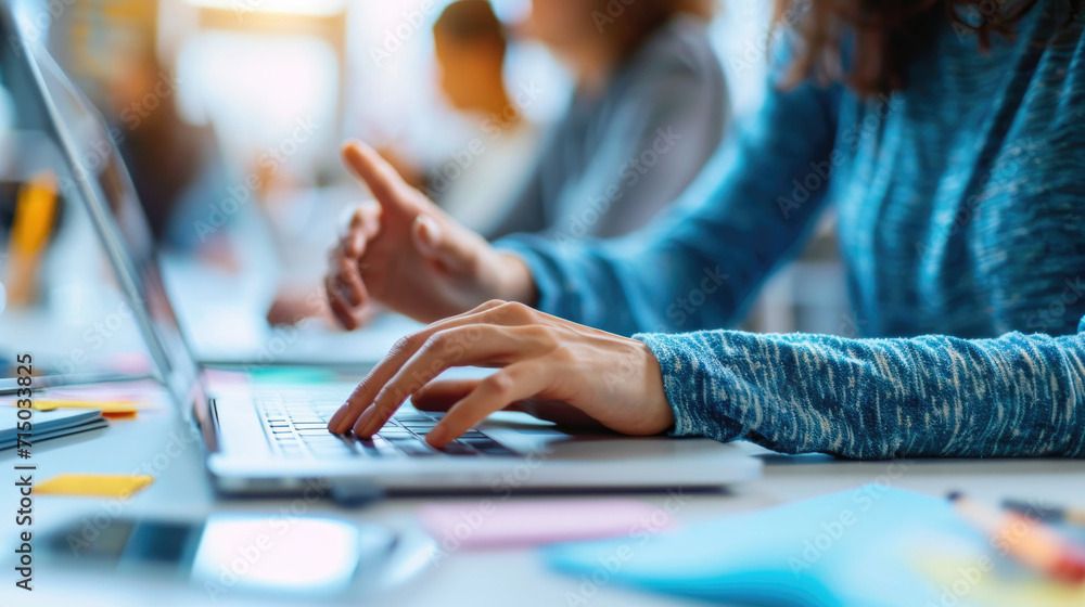 Aufkleber person is typing on a laptop with lines of code visible on the screen