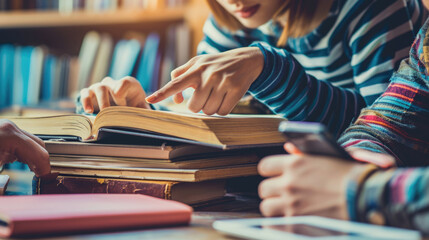 Close-up of a person's hand pointing at a line in an open book, with other books, a tablet