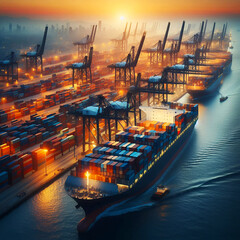 Cargo ship at sunset, seaport - obrazy, fototapety, plakaty