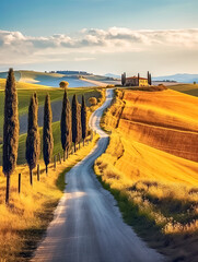 Kurvige Landstrasse durch eine hügelige Landschaft in der Toskana, Italien, Europa, Generative AI - obrazy, fototapety, plakaty