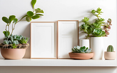 White frame mockup with plants on a table