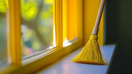Cleaning broom on the windowsill of a wooden window with yellow painted glass