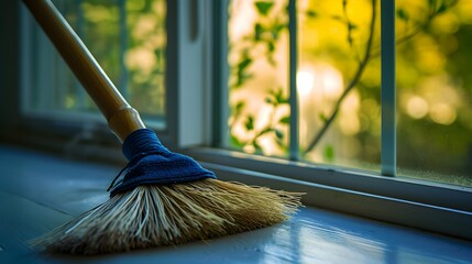Broom with bamboo handle for cleaning on the windowsill of a glazed wooden window