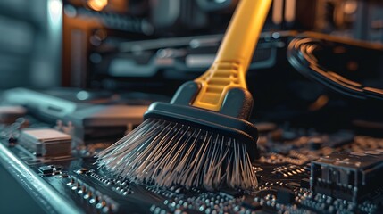 PC cleaning a broomstick the motherboard of your computer or laptop - obrazy, fototapety, plakaty