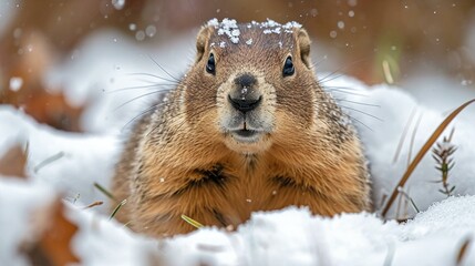 Groundhog poking its head out of the ground, surrounded by winter snow. [Groundhog in winter scene - obrazy, fototapety, plakaty