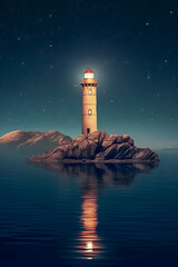Leuchtturm bei Nacht am Meer, Generative AI