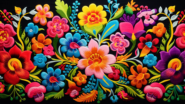 Folkloric Blossoms: Vibrant Woven Flowers in Hispanic Mexican Fabric