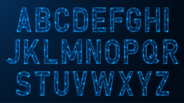 Digital letters of the alphabet. Polygonal design of lines and dots. Blue background.