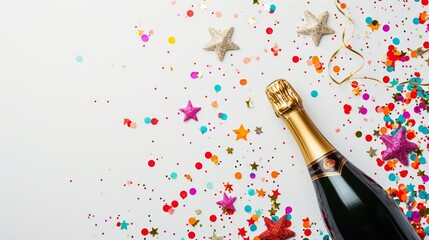 Champagne Bottle with Confetti Stars and Party Streamers on White Festive Background