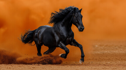 Landscape of a black horse running along 