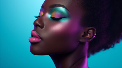 Close-up portrait of a beautiful African American model wearing makeup