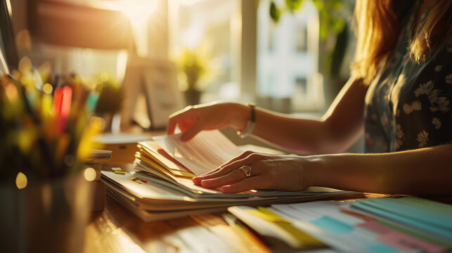 Focused young woman meticulously reviewing documents, surrounded by colorful sticky notes