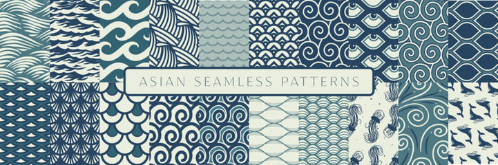 Asian seamless patterns collection, set, pack, traditional, oriental, wave, sea, water, japanese design - obrazy, fototapety, plakaty