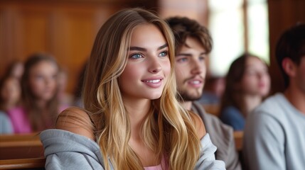 Obraz premium Inspired young woman in lecture hall with peers