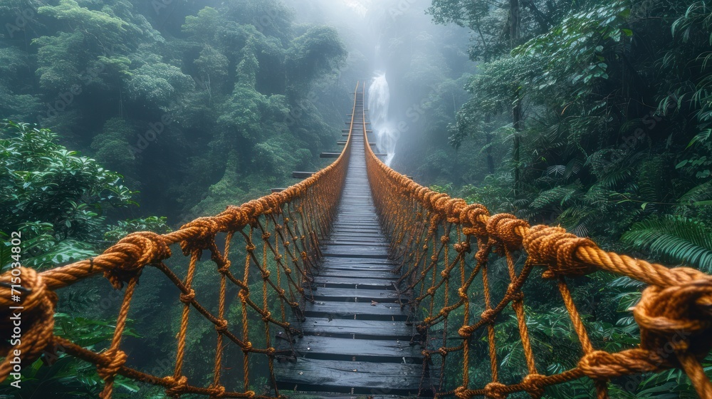 Poster a rope bridge in the middle of a jungle with a waterfall in the back ground and fog in the air.