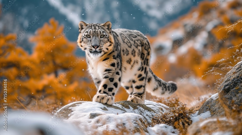 Poster a snow leopard standing on top of a rock in the middle of a field of grass and trees covered in snow