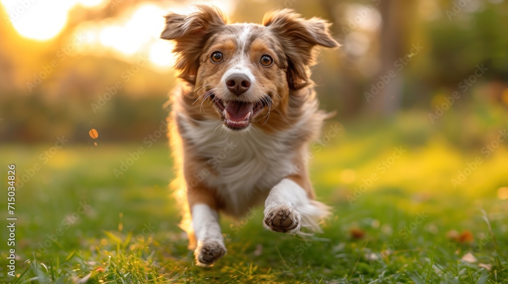 Poster a close up of a dog running in a field of grass with the sun shining through the trees in the backgr